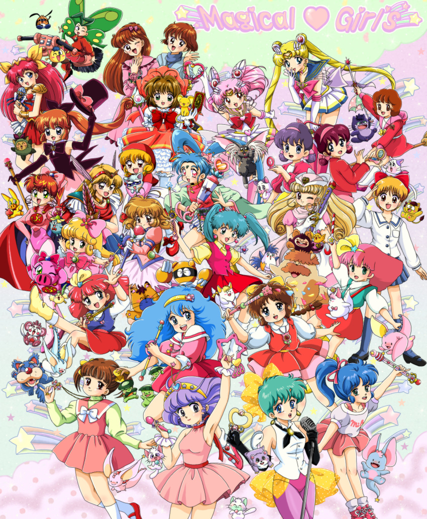 ;d, absurdres, ahoge, akazukin_chacha, angel_peach, aqua_hair, arm_up, bishoujo_senshi_sailor_moon, black_gloves, blonde_hair, blue_eyes, blue_hair, boots, bow, broom, broom_riding, brown_eyes, brown_hair, cape, card_captor_sakura, cardcaptor_sakura, chacha, character_request, chibi_usa, child, corrector_yui, creamy_mami, creature, crossover, crystal_carillon, double_bun, dress, dual_persona, elbow_gloves, everyone, fancy_lala, freckles, frills, fuuin_no_tsue, gloves, green_eyes, green_hair, hair_bow, hair_intakes, hair_ornament, hairband, hairpin, hana_no_mahoutsukai_mary_bell, hanasaki_momoko, hanazono_yuumi, hand_on_hip, haneoka_meimi, harbor_light_story, hat, heart, highres, hime-chan_no_ribbon, himitsu_no_akko-chan, hood, i.r., jewelry, kagami_atsuko, kaitou_saint_tail, kaleidomoon_scope, kasuga_yui, kawai_sasami, kazuki_mai, kero, kinomoto_sakura, kokubu_karin, leaning_forward, leotard, long_hair, magical_emi, magical_girl, magical_princess, mahou_no_angel_sweet_mint, mahou_no_designer_fashion_lala, mahou_no_idol_pastel_yumi, mahou_no_princess_minky_momo, mahou_no_star_magical_emi, mahou_no_tenshi_creamy_mami, mahou_no_yousei_persia, mahou_shoujo_pretty_sammy, mahou_tsukai_sally, mary_bell, mary_janes, masaki_sasami_jurai, matsunaga_mikage, matsunaga_tomomi, microphone, miho_(fashion_lala), mikiky, minky_momo, mint_(sweet_mint), miracle_girls, morisawa_yuu, moriya_rika, moriya_ririka, multiple_girls, necklace, nonohara_himeko, nurse_angel, nurse_angel_ririka_sos, open_mouth, pantyhose, pauldrons, persia, pig, pink_dress, pink_eyes, pink_hair, ponytail, pretty_sammy, pretty_sammy_(character), purple_hair, purple_legwear, red_dress, red_hair, ribbon, riiya, ryouko_(tenchi_muyou!), sailor_chibi_moon, sailor_collar, sailor_moon, sailor_senshi, saint_tail, shinohara_miho, shoes, short_hair, short_twintails, siblings, sisters, skirt, smile, socks, star, super_sailor_chibi_moon, super_sailor_moon, tenchi_muyou!, tiara, tonde_buurin, top_hat, topo_(magical_emi), tsukino_usagi, twins, twintails, vest, wand, wedding_peach, white_gloves, wink, yadamon, yadamon_(character), yumeno_sally