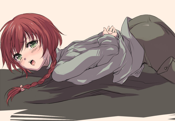 arms_behind_back, blush, braid, darker_than_black, green_eyes, koori_(haraiso), long_hair, on_front