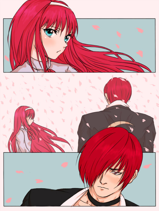 1girl, blue_eyes, cherry_blossoms, comic, crossover, headband, king_of_fighters, koori_(haraiso)