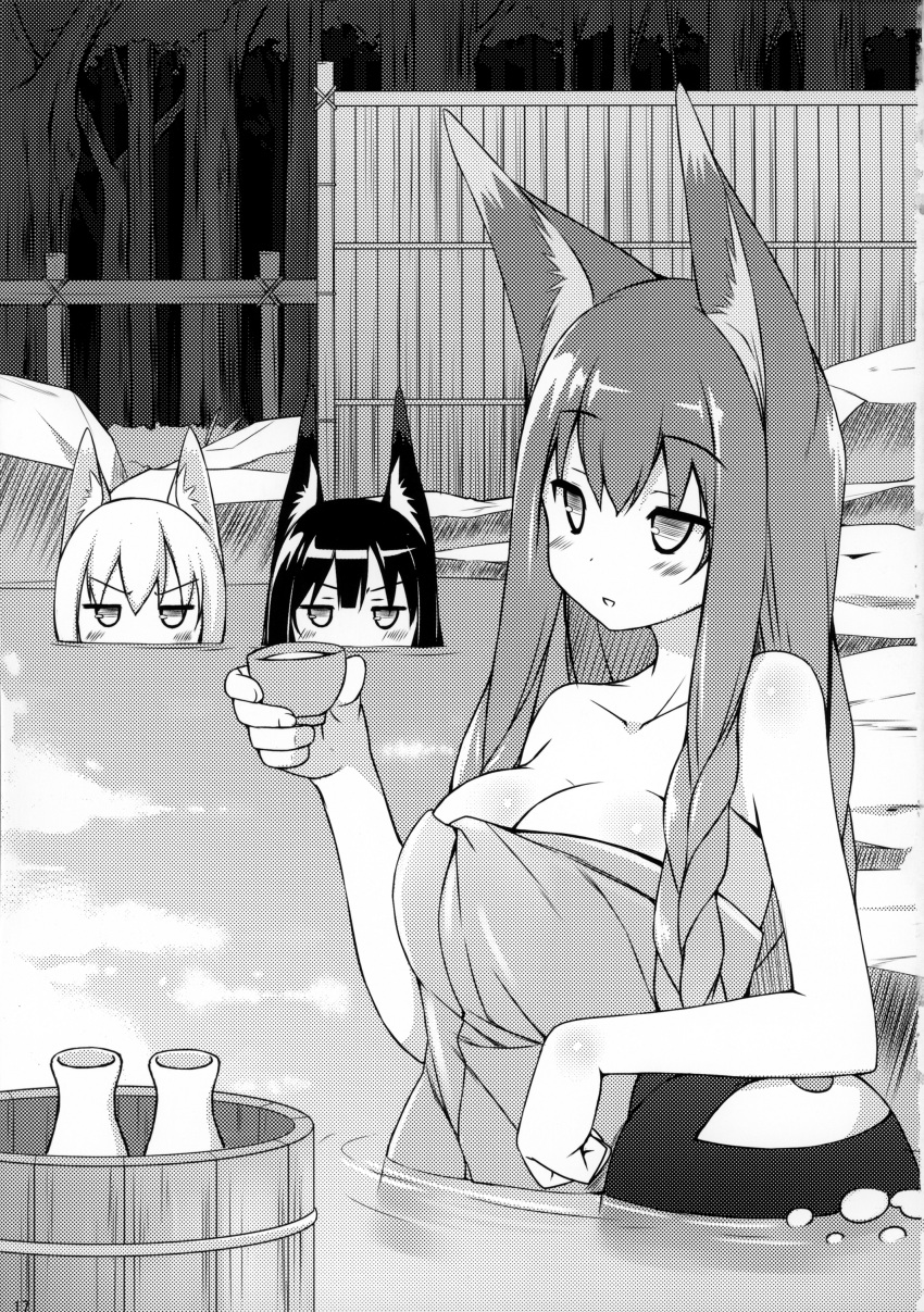 absurdres, animal_ears, arm_support, bare_shoulders, blush, body_blush, braid, breast_envy