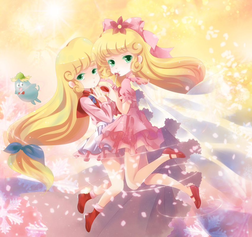 blonde_hair, bow, cape, dress, dual_persona, flower, green_eyes, hair_bow