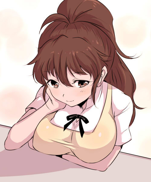 blush, breast_rest, breasts, brown_eyes, brown_hair, chin_rest, koori_(haraiso), large_breasts, long_hair, ponytail, smile, solo, taneshima_popura, waitress, working!!