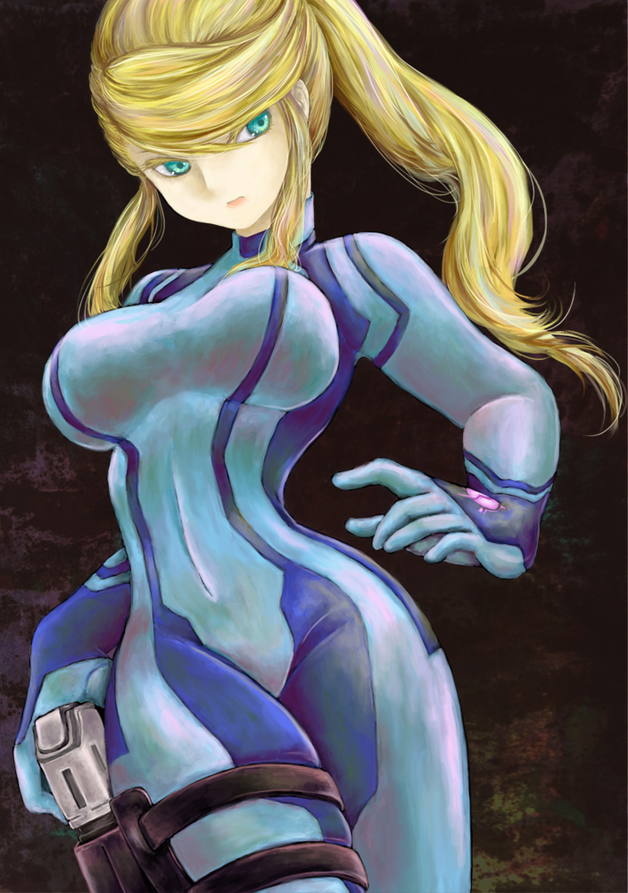 aqua_eyes, blonde_hair, blue_eyes, bodysuit, breasts, cowboy_shot, curvy, female