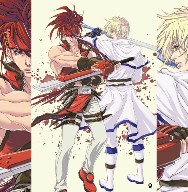 2boys, belt, blonde_hair, blue_eyes, brown_hair, fingerless_gloves, fundoshi_(tofupoid), gloves