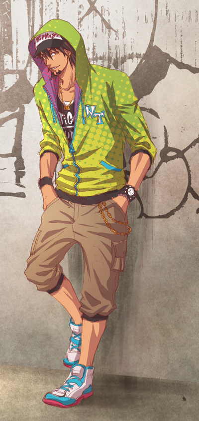 alternate_costume, bracelet, brown_eyes, brown_hair, facial_hair, graffiti, hands_in_pockets, hoodie, jewelry, kaburagi_t_kotetsu, lunarclinic, male, necklace, shoes, sneakers, solo, stubble, tiger_&amp;_bunny, urban, watch, wristwatch