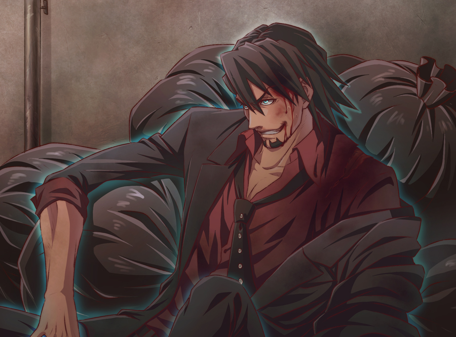 blood, blood_on_face, blue_eyes, brown_hair, facial_hair, formal, garbage, glowing