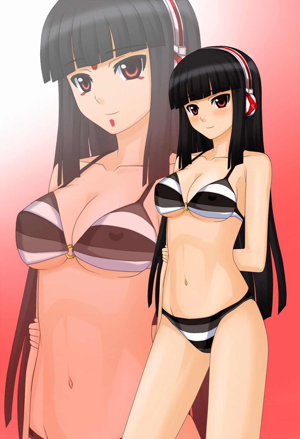 arm_behind_back, bangs, bare_shoulders, beatmania, beatmania_iidx, bikini, black_hair, blunt_bangs, breasts, cleavage, gradient, gradient_background, headphones, highres, hime_cut, hinazuki_ririna, kenken, lilith_(beatmania_iidx), long_hair, looking_at_viewer, navel, o-ring_top, official_style, red_eyes, smile, solo, standing, striped, striped_bikini, striped_swimsuit, swimsuit, underboob, zoom_layer