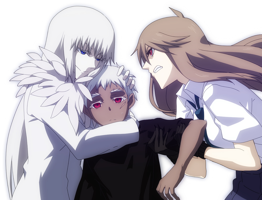 blue_eyes, brown_hair, chinatsu_(jormungand), dark_skin, gloves, johnathan_mar, jormungand, koko_hekmatyar