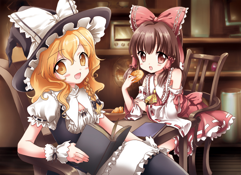 apron, ascot, blonde_hair, blush, book, bow, braid, brown_eyes