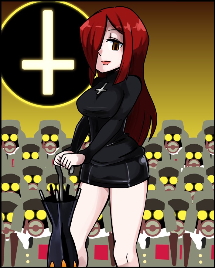 bad_id, bare_legs, black_egrets, breasts, cross, fakkuma, gas_mask, hair_over_one_eye, helmet, inverted_cross, large_breasts, legs, lips, long_hair, mask, miniskirt, parasoul, parasoul_(skullgirls), red_hair, redhead, skirt, skullgirls, soldier, standing, sweater, thighs, umbrella, yellow_eyes