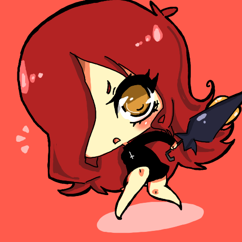 1girl, artist_request, bare_legs, chibi, cross, d:, dress, hair_over_one_eye