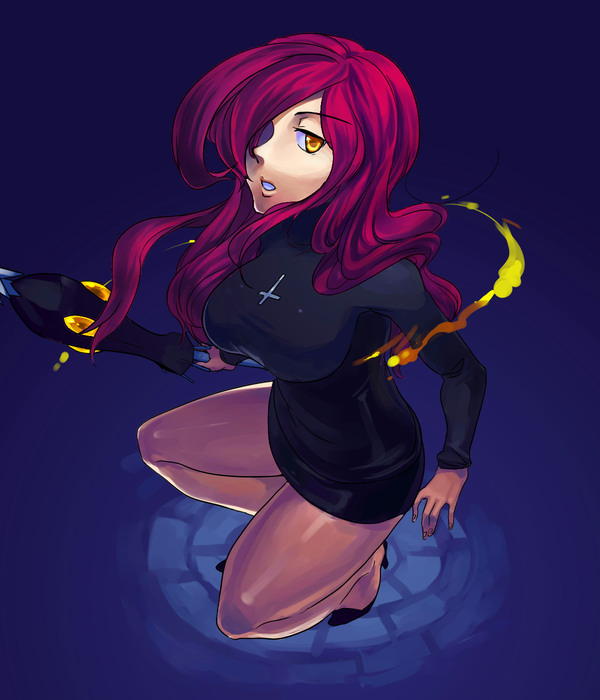 black_dress, breasts, cross, dress, gun, hair_over_one_eye, high_heels, impossible_clothes, impossible_clothing, kneeling, large_breasts, legs, lips, long_hair, looking_up, one_knee, open_mouth, parasoul, parasoul_(skullgirls), red_hair, redhead, shoes, short_skirt, skirt, skullgirls, solo, sweater, umbrella, weapon, yellow_eyes, yojio_(2188)