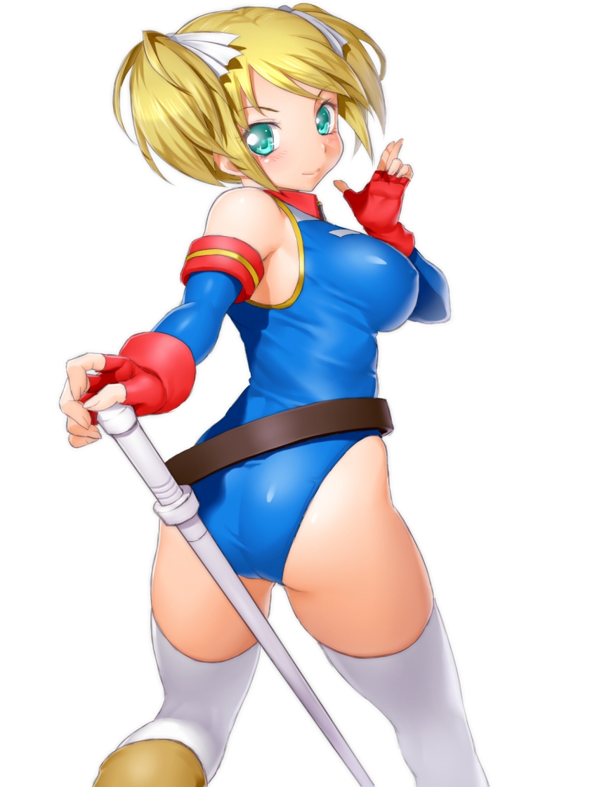 aqua_eyes, ass, bare_shoulders, blonde_hair, fingerless_gloves, gloves, green_eyes, gundam