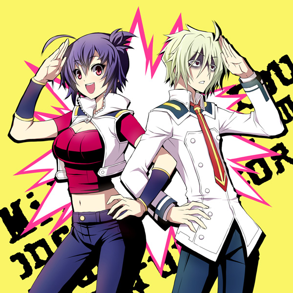 hand_on_hip, hips, kurokami_medaka, locked_arms, medaka_box, salute, school_uniform, shaded_face