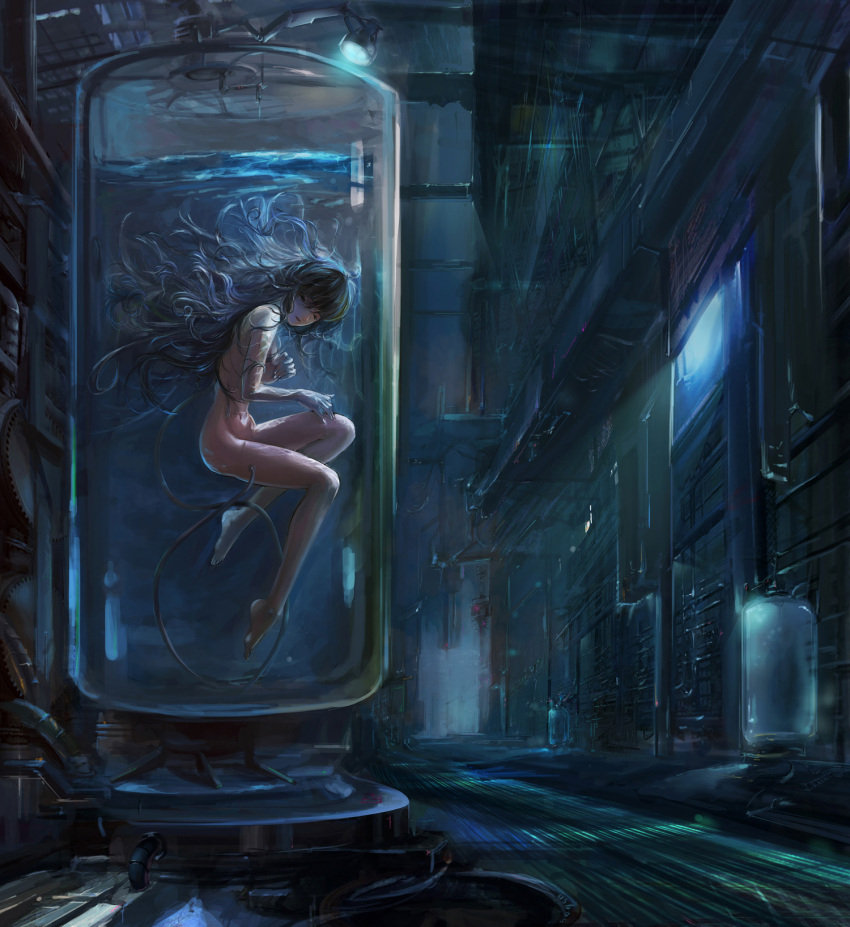afloat, black_hair, closed_eyes, eyes_closed, floating, grey_hair, hallway, highres