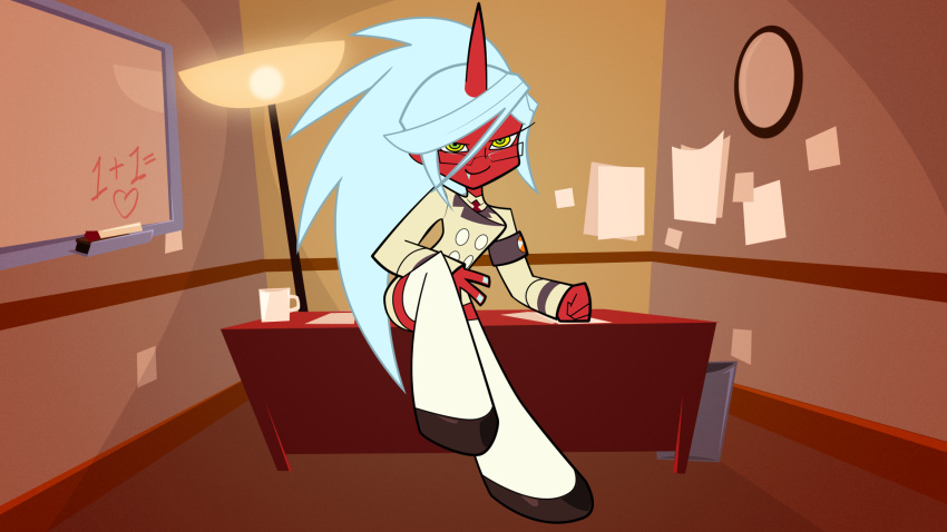 1girl, armband, atomictiki, blue_hair, classroom, demon_girl, fang, glasses