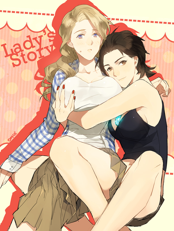avengers, blonde_hair, blue_eyes, blush, breast_grab, breasts, brown_hair, casual