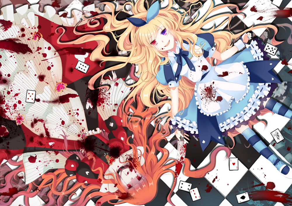 alice_(wonderland), alice_in_wonderland, bad_id, blonde_hair, blood, blood_stain, card, checkered, checkered_background, clubs, diamond, diamond_(shape), dress, frills, heart, heterochromia, knife, long_hair, lying, maydream, multiple_girls, orange_hair, queen_of_hearts, red_eyes, ribbon, rotational_symmetry, smile, spade, thigh-highs, thighhighs, zettai_ryouiki