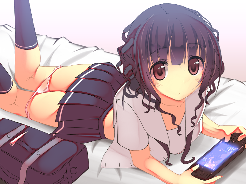 bag, bangs, bed, black_hair, blunt_bangs, ikusan, kneehighs, looking_at_viewer