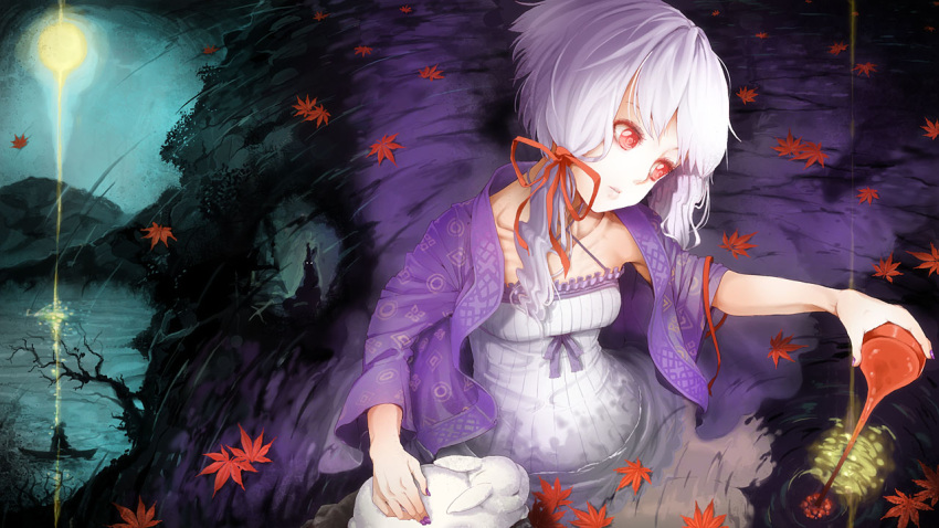 bunny, collarbone, daigoman, from_above, hair_ribbon, leaf, long_hair, moon