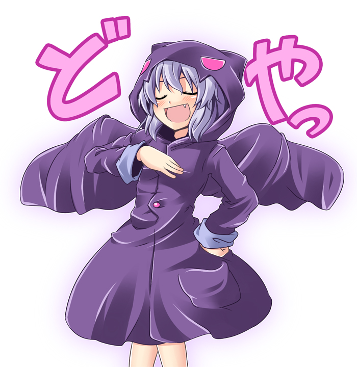 :d, bat, bat_costume, blue_hair, blush, closed_eyes, costume, eyes_closed