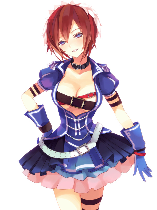 akiyoshi_(tama-pete), belt, blue_eyes, blue_hair, breasts, brown_hair, cleavage, collar