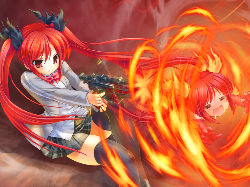black_legwear, cthugha_(nyaruko-san), demonbane, drooling, dual_persona, fire, gessekai, gun