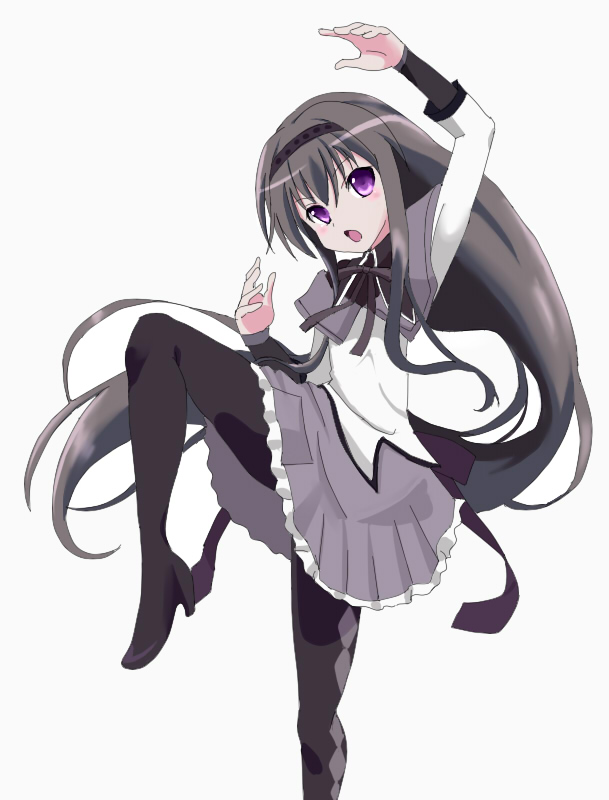 akemi_homura, black_hair, hairband, haiyore!_nyaruko-san, long_hair, magical_girl, mahou_shoujo_madoka_magica, neko_to_mikan, nyarlathotep_(nyaruko-san), open_mouth, pantyhose, parody, purple_eyes, skirt, solo, violet_eyes
