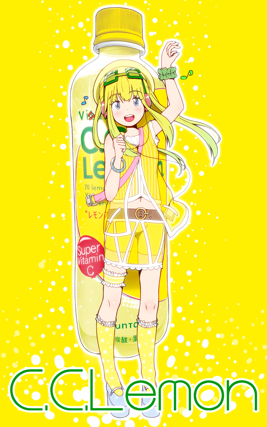 bangle, belt, blonde_hair, blue_eyes, bottle, bracelet, c.c._lemon, c.c._lemon_(character)