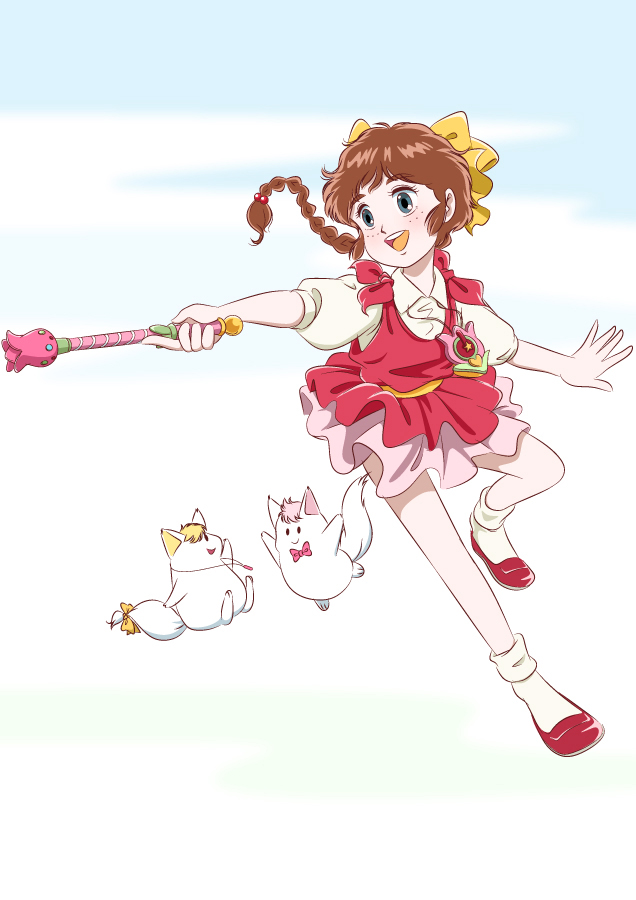 aqua_eyes, bow, braid, brown_hair, creature, hair_bobbles, hair_bow, hair_ornament, hajikko, jewelry, long_hair, mahou_no_idol_pastel_yumi, necklace, pastel_yumi, shoes, skirt, smile, solo, wand