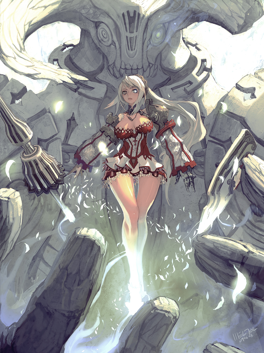 cleavage, giant, gigandal_federation, heterochromia, highres, lance, large_breasts, legs