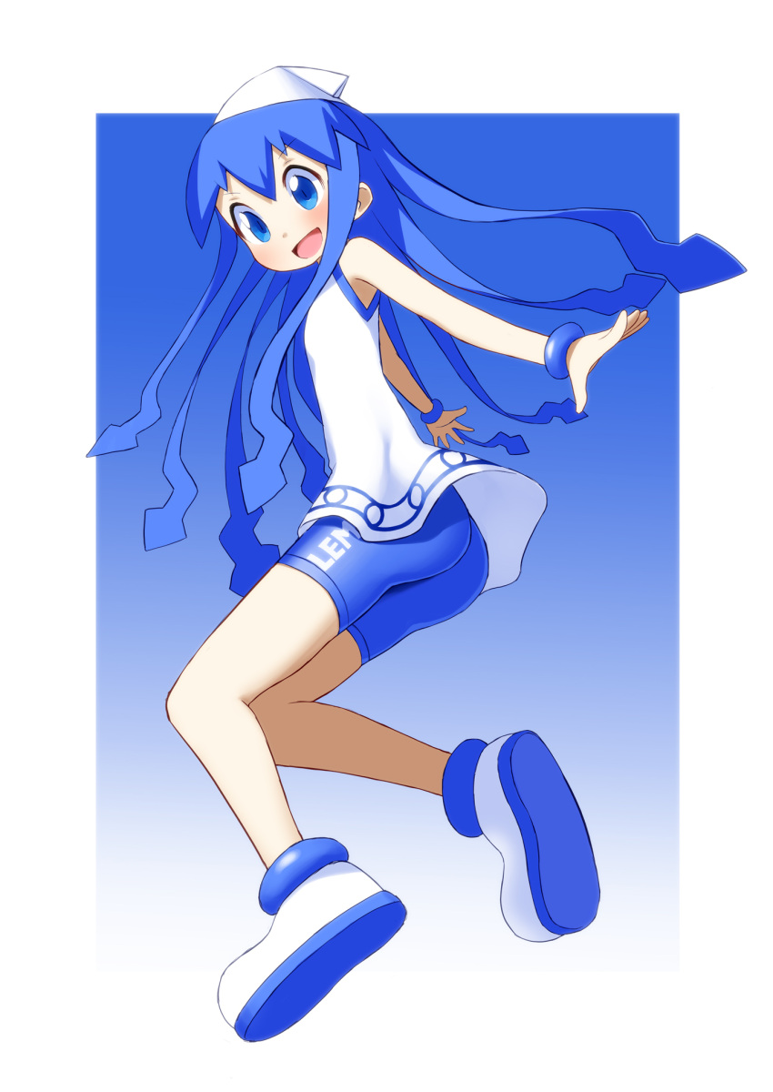 ahiruaoba, bike_shorts, blue_eyes, blue_hair, blush, bracelet, dress, hat, highres, ikamusume, jewelry, jumping, long_hair, open_mouth, shinryaku!_ikamusume, smile, solo, tentacle, tentacle_hair, tentacles