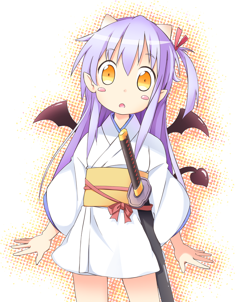 aoba_(kmnm3234), blush_stickers, demon_tail, demon_wings, hair_ribbon, japanese_clothes, kimono, long_hair