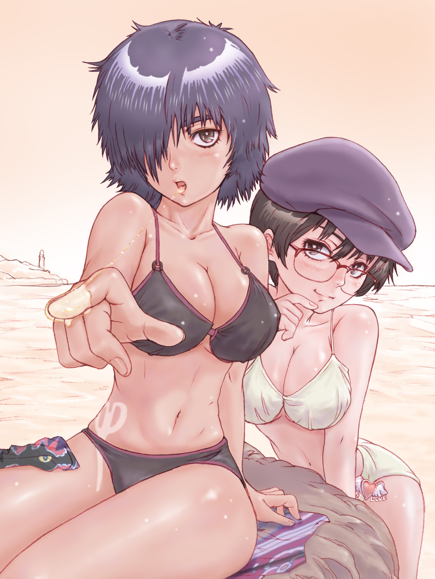 :o, absurdres, arched_back, arm_support, bare_shoulders, bikini, black_eyes, black_hair