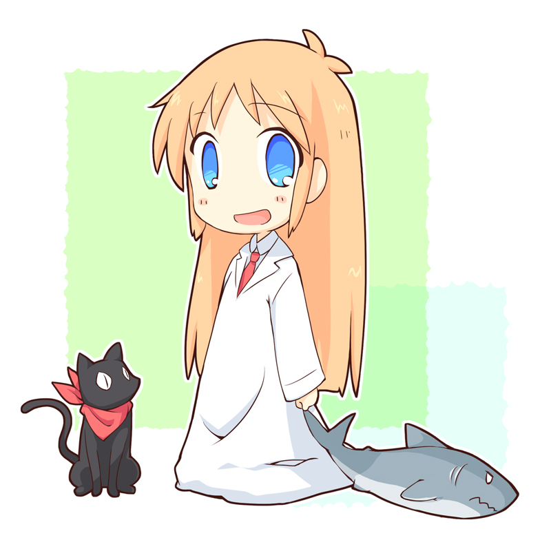 aoba_(kmnm3234), black_cat, blue_eyes, blush, cat, child, hakase_(nichijou), labcoat