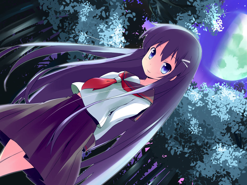 akiba_rika, aoba_(kmnm3234), blue_eyes, hanbun_no_tsuki_ga_noboru_sora, long_hair, looking_at_viewer, moon, purple_hair, skirt, smile, solo