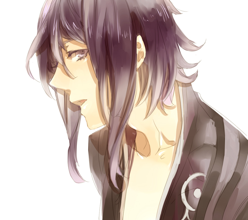 alternate_hairstyle, bad_id, bangs, chest, hakuk, male, neck, open_clothes, open_shirt, purple_eyes, purple_hair, shirt, short_hair, solo, tales_of_(series), tales_of_vesperia, violet_eyes, yuri_lowell