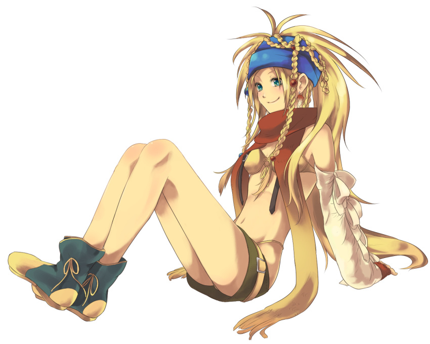 1girl, al_bhed_eyes, arm_support, bandana, bare_legs, beads, bikini_top, blonde_hair