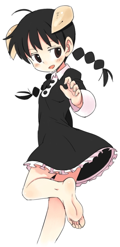 1girl, akita_(akitaland_gothic), akita_land_gothic, akitaland_gothic, background, barefoot, black_eyes, black_hair, blush, braid, brown_eyes, dress, feet, horns, open_mouth, oyatsu_(mk2), soles, solo, toes, twin_braids, white_background