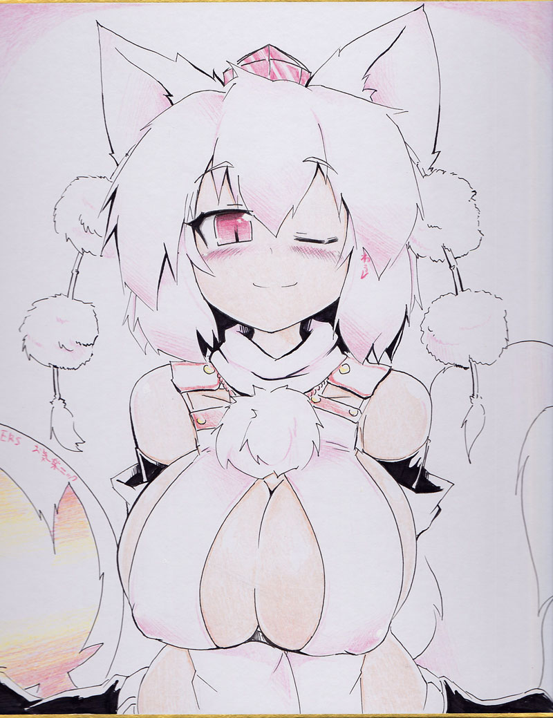 animal_ears, blush, breasts, cleavage, detached_sleeves, erect_nipples, face, hat