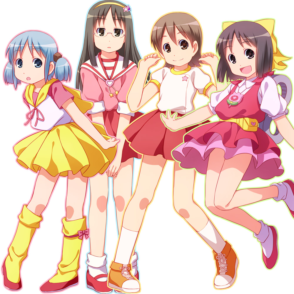 aioi_yuuko, black_eyes, black_hair, blue_eyes, blue_hair, brown_eyes, brown_hair, company_connection, cosplay, glasses, hair_cubes, hair_ornament, kazuki_mai, kazuki_mai_(cosplay), long_hair, mahou_no_idol_pastel_yumi, mahou_no_star_magical_emi, mahou_no_tenshi_creamy_mami, mahou_no_yousei_persia, minakami_mai, morisawa_yuu, morisawa_yuu_(cosplay), multiple_girls, naganohara_mio, nichijou, pastel_yumi, pastel_yumi_(cosplay), persia, persia_(cosplay), sayousuke, shinonome_nano, short_hair, short_twintails, skirt, smile, socks, studio_pierrot, twintails, winding_key