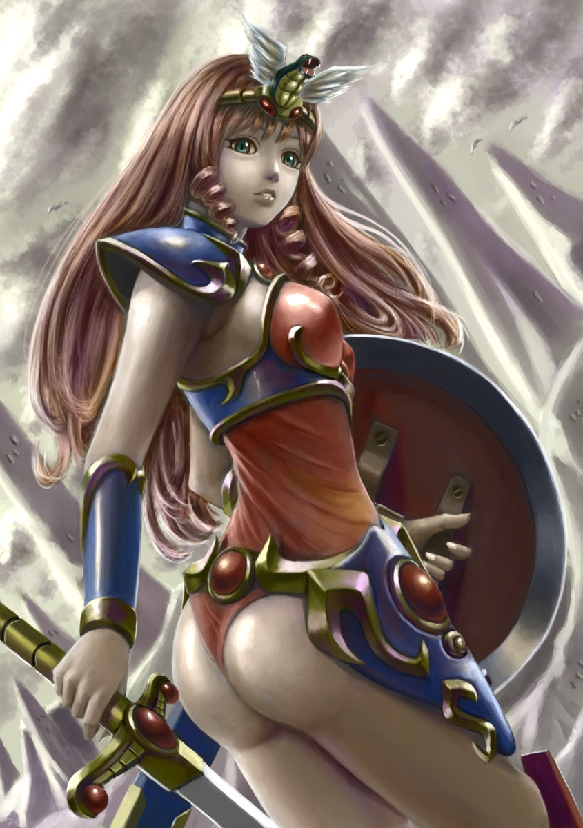 armor, ass, brown_hair, control5, fangs, green_eyes, highres, leotard, long_hair, looking_back, lucia_(madura_no_tsubasa), madura_no_tsubasa, pauldrons, ringlets, snake, solo, sword, tiara, weapon