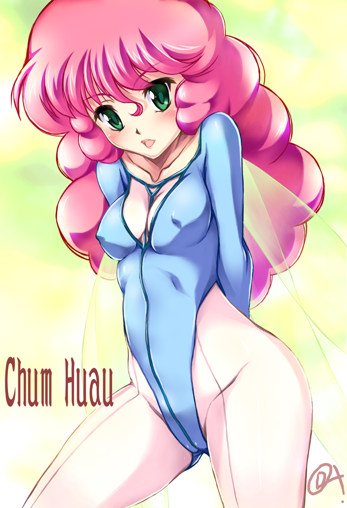 arms_behind_back, aura_battler_dunbine, cham_fau, character_name, curly_hair, erect_nipples, green_eyes, leotard, long_hair, oda_(orz), pantyhose, pink_hair, seisenshi_dunbine, smile, solo, white_legwear, yellow_background