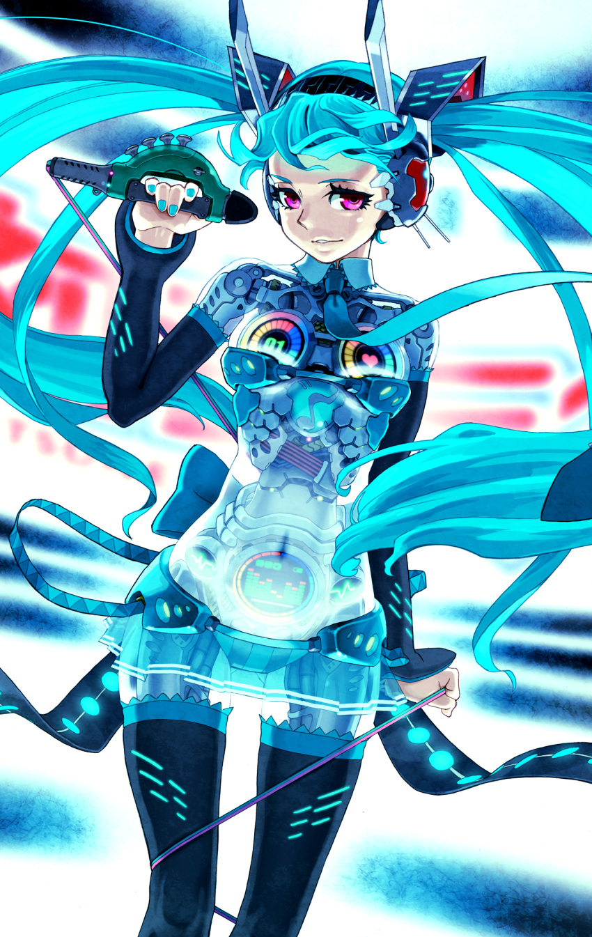 android, aqua_hair, collar, detached_sleeves, hatsune_miku, highres, kimura_3104, long_hair