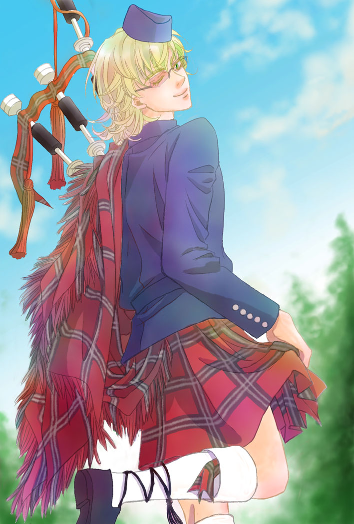 bagpipes, barnaby_brooks_jr, blonde_hair, ghille_brogues, glasses, green_eyes, hat, kilt, male, plaid, scotland, solo, tiger_&amp;_bunny, wink, yuhmi