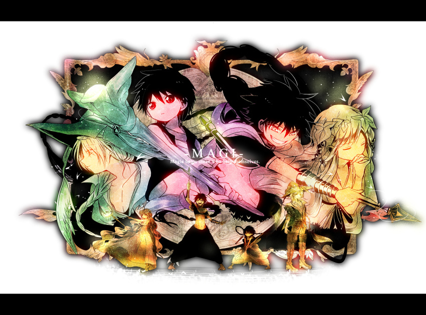 3boys, aladdin_(magi), baggy_pants, barefoot, bracelet, braid, dress, hat