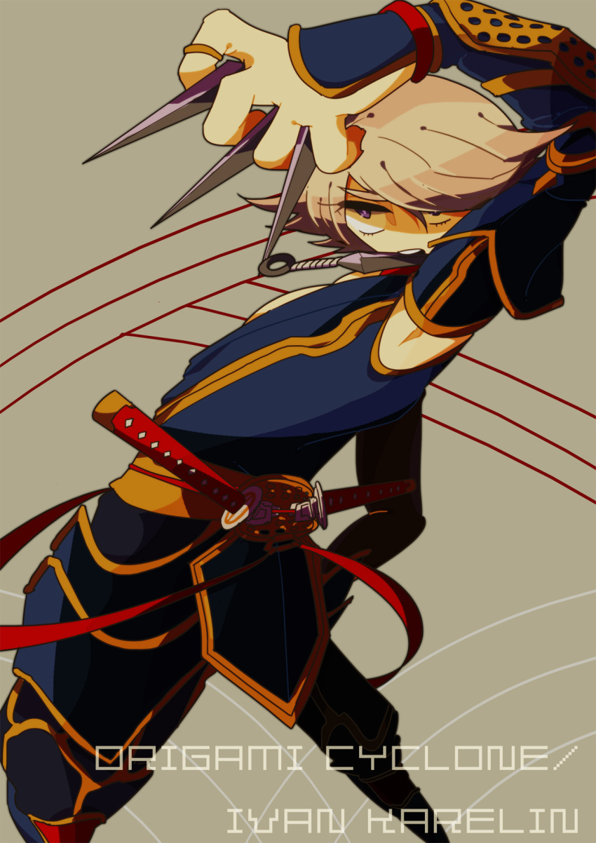 armor, between_fingers, blonde_hair, character_name, highres, ivan_karelin, kamikaze0211, kunai, male, mouth_hold, origami_cyclone, short_hair, solo, superhero, tiger_&amp;_bunny, weapon