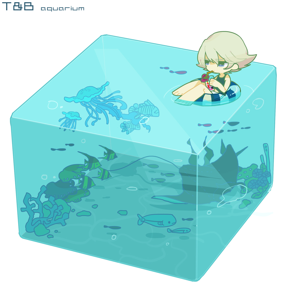 afloat, aquarium, blonde_hair, chibi, cube, fish, innertube, isometric, ivan_karelin, jellyfish, kamikaze0211, purple_eyes, tiger_&amp;_bunny, violet_eyes, water