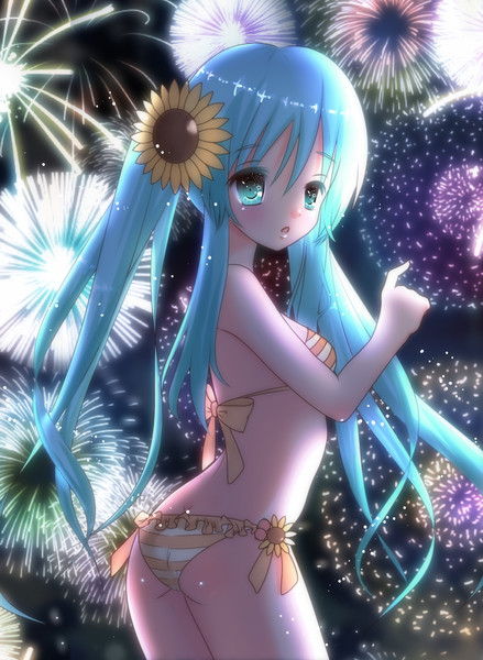 aqua_eyes, aqua_hair, bikini, fireworks, flower, gurameru, hair_flower, hair_ornament, hatsune_miku, highres, long_hair, solo, striped, striped_bikini, striped_swimsuit, swimsuit, twintails, very_long_hair, vocaloid