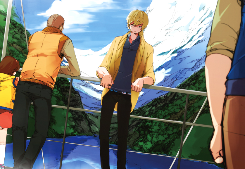 1girl, 3boys, barnaby_brooks_jr, blonde_hair, glasses, jacket, mountain, multiple_boys